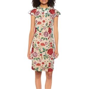 Carmen Marc Valvo Embroidered Floral Midi Dress - Nude Sheer Overlay
